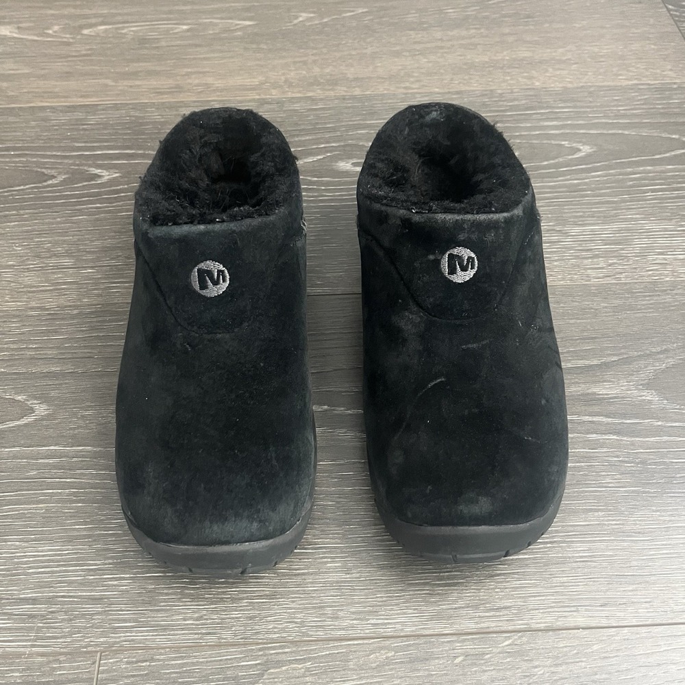 Merrell Encore Clog Mules Womens 5.5‎ Black Suede Sheep Fur Lined Slip On Shoes
